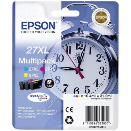 Epson 27XL cartouche d encre cyan, Magenta et jaune haute capacité 3x10.4ml 3 x 1.100 pages combopack sans alarme - DURABrite